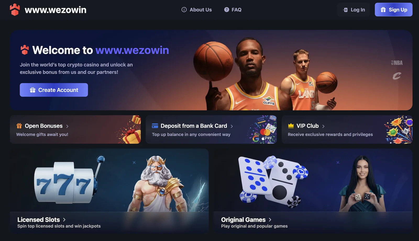 Wezowin casino homepage hero with fake Andrew Tate and Tristan Tate endorsement banner